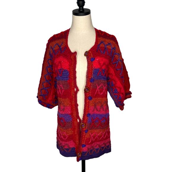 VINTAGE 60s XS Mod HAND KNIT Sweater Mini Dress $380 WOOL Puff Sleeves Red Blue - Picture 8 of 15